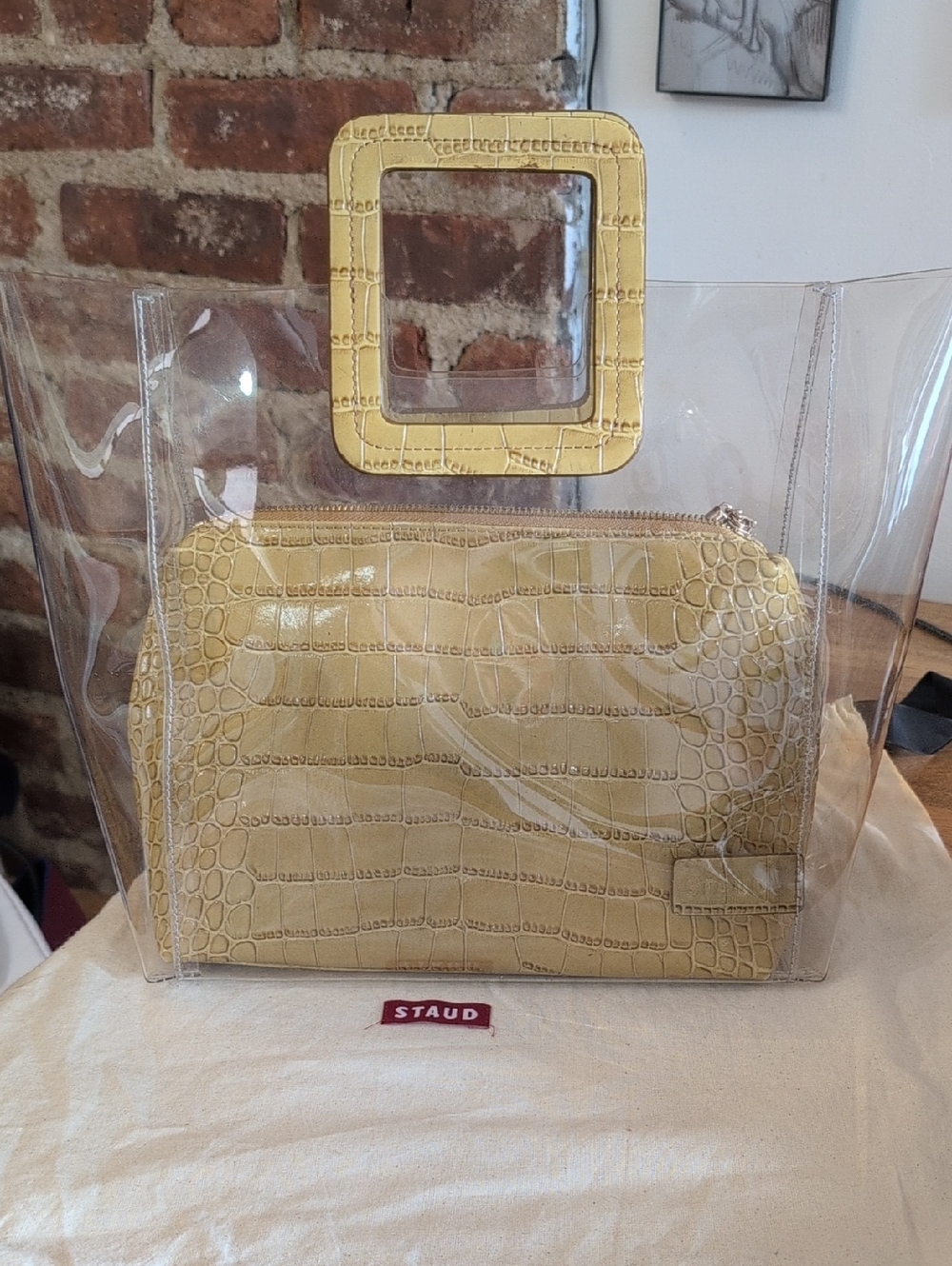 Staud Shirley Transparent Yellow Leather Crocodile Top Handle Tote